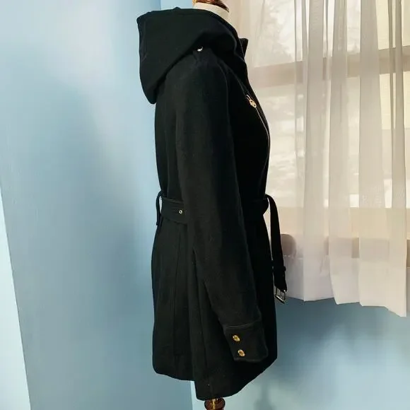 Michael Kors Black Belted Wool Pea Coat Size 6 - Picture 6 of 8